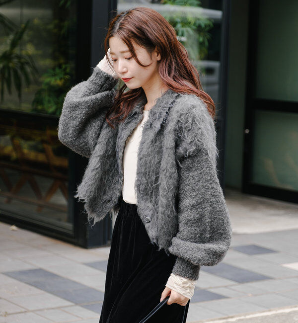  「【4色展開】ウェーブ起毛クロップドニット」|カーディガン|