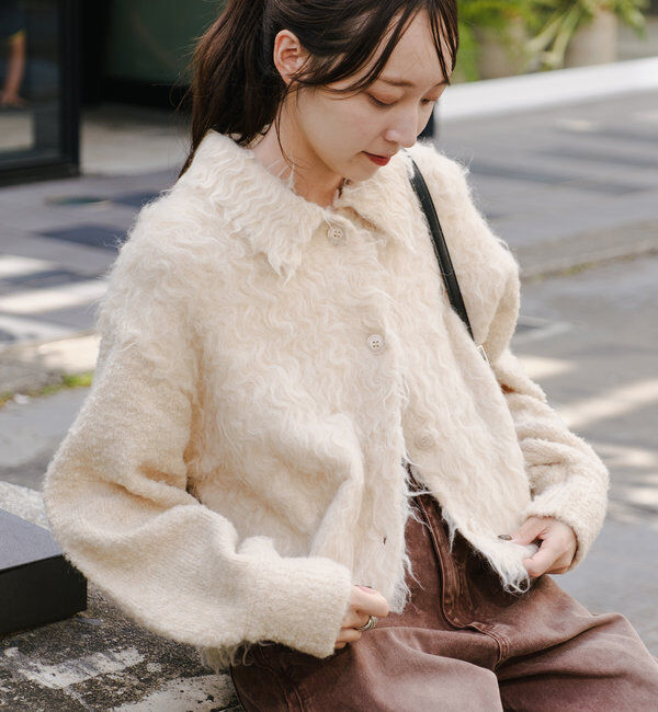  「【4色展開】ウェーブ起毛クロップドニット」|カーディガン|