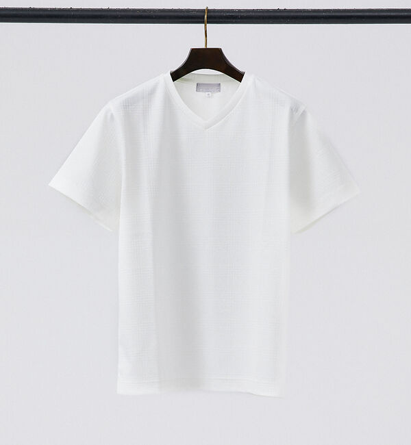 ABAHOUSE「【チェック柄】ジャガード Vネック 半袖 Tシャツ」|Tシャツ・カットソー|ホワイト