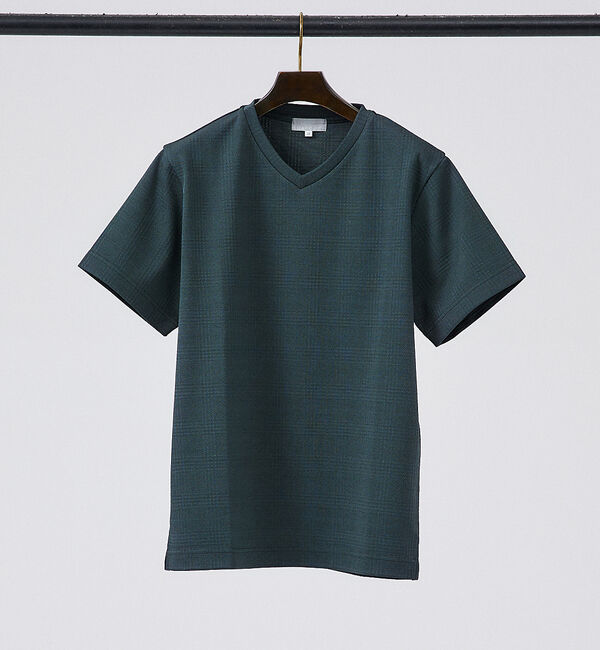 ABAHOUSE「【チェック柄】ジャガード Vネック 半袖 Tシャツ」|Tシャツ・カットソー|グリーン