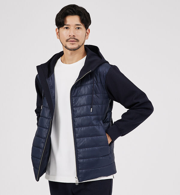 ABAHOUSE「【MASCHILE】セットアップ対応/チェック リンクス ニット フードブルゾン」|ブルゾン・スタジャン|ネイビー