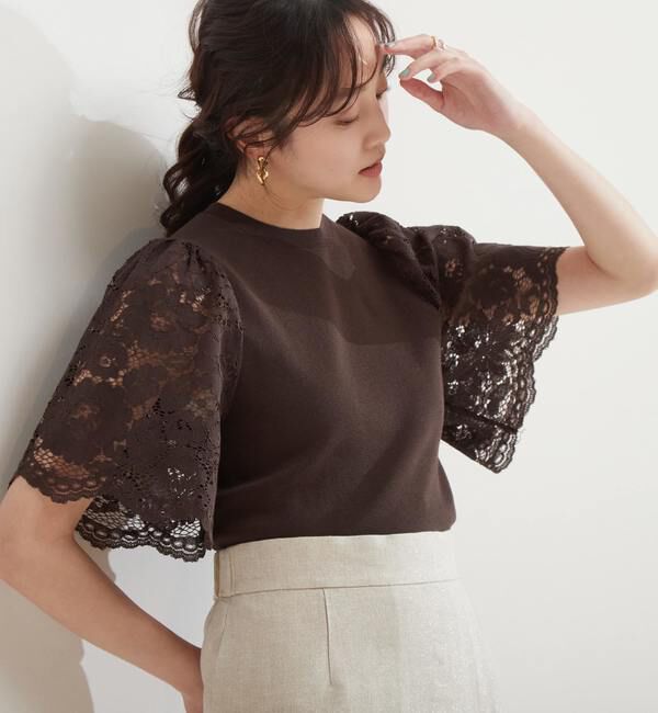 TIARA「レーススリーブコンパクトニット」|ニット・セーター|ブラウン
