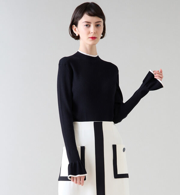 TIARA「バイカラー袖フリルニット」|ニット・セーター|ブラック