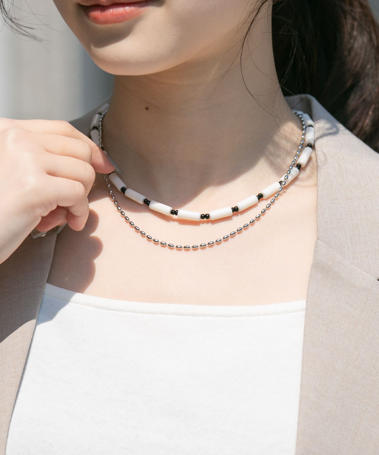 SMELLY「ビーズメタルボールレイヤードネックレス」|ネックレス|ホワイト系その他