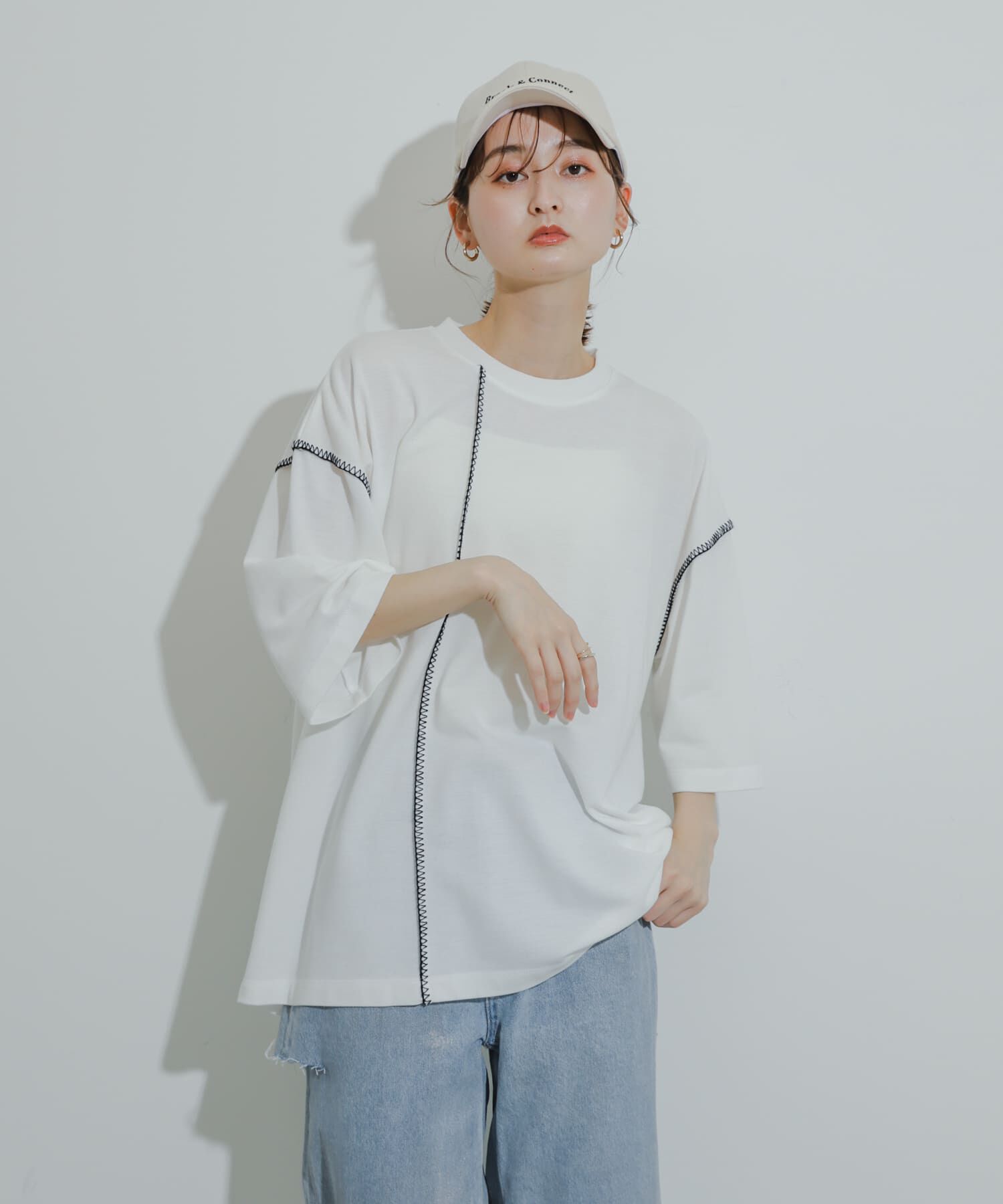 SENSE OF PLACE by URBAN RESEARCH「『ユニセックス』ブランケットステッチルーズTシャツ(5分袖)」|Tシャツ・カットソー|
