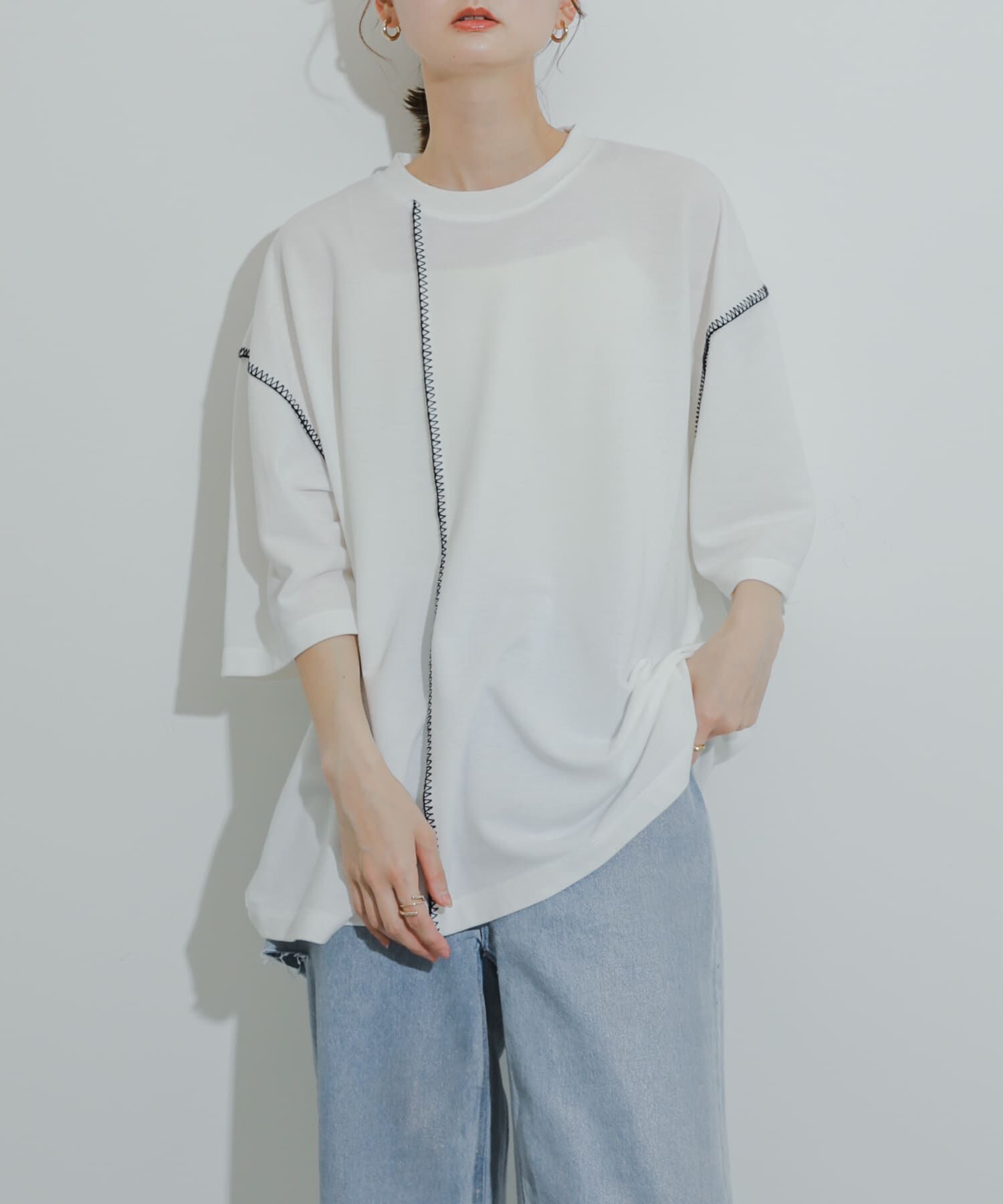 SENSE OF PLACE by URBAN RESEARCH「『ユニセックス』ブランケットステッチルーズTシャツ(5分袖)」|Tシャツ・カットソー|