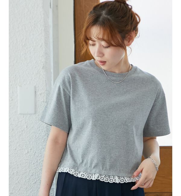  「《手洗い可能》komatsu.裾レースクロップドTシャツ」|Tシャツ・カットソー|グレー
