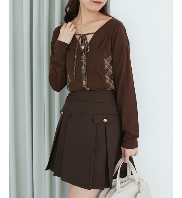  「バイカラーチェックトップス」|Tシャツ・カットソー|ブラウン柄