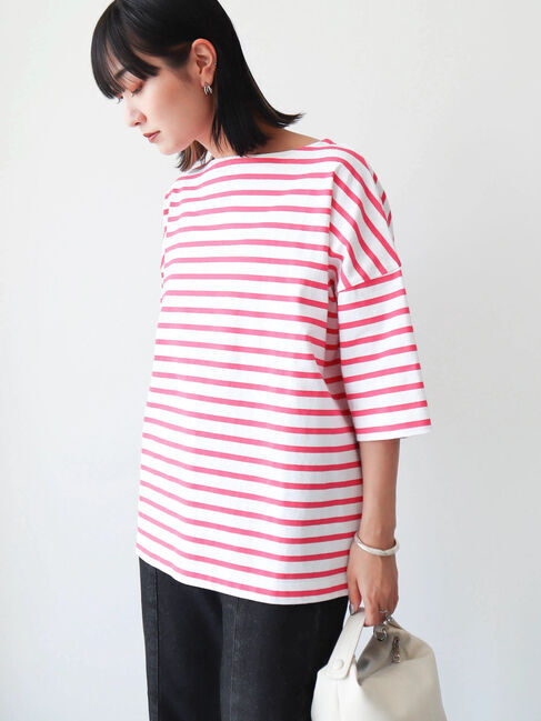  「ボーダーボートネック7分袖プルオーバー」|Tシャツ・カットソー|ピンク