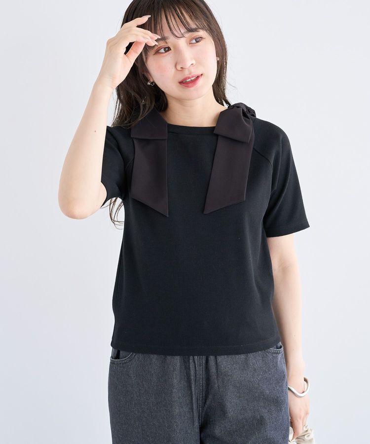 Green Parks「・swing by ショルダーリボンリブカットソー」|Tシャツ・カットソー|Black