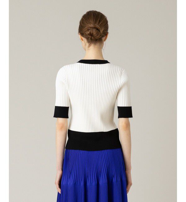 LOULOU WILLOUGHBY「【LOULOU WILLOUGHBY】バイカラーキーネック5分袖カーディガン」|カーディガン|