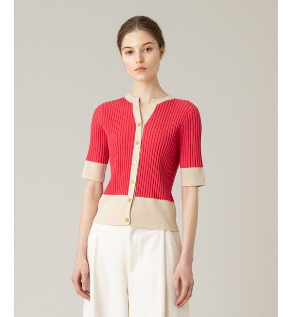 LOULOU WILLOUGHBY「【LOULOU WILLOUGHBY】バイカラーキーネック5分袖カーディガン」|カーディガン|