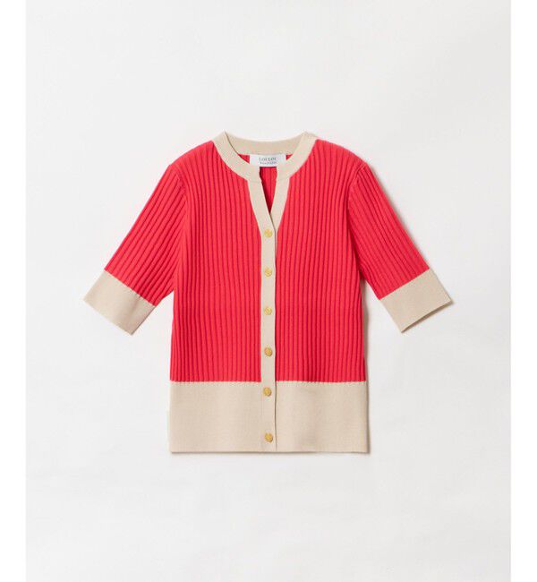 LOULOU WILLOUGHBY「【LOULOU WILLOUGHBY】バイカラーキーネック5分袖カーディガン」|カーディガン|