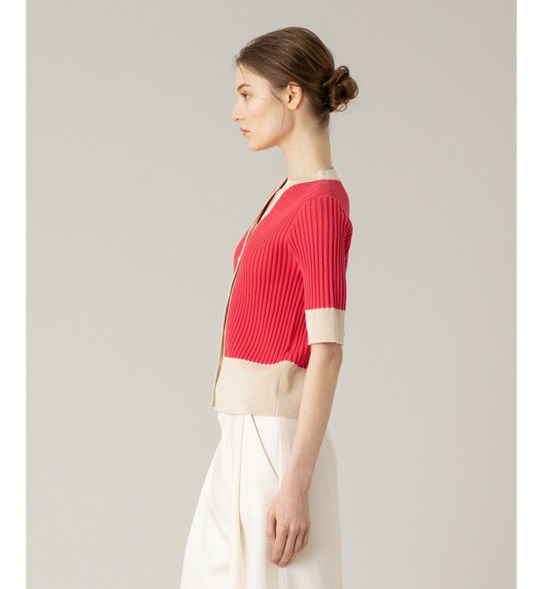 LOULOU WILLOUGHBY「【LOULOU WILLOUGHBY】バイカラーキーネック5分袖カーディガン」|カーディガン|