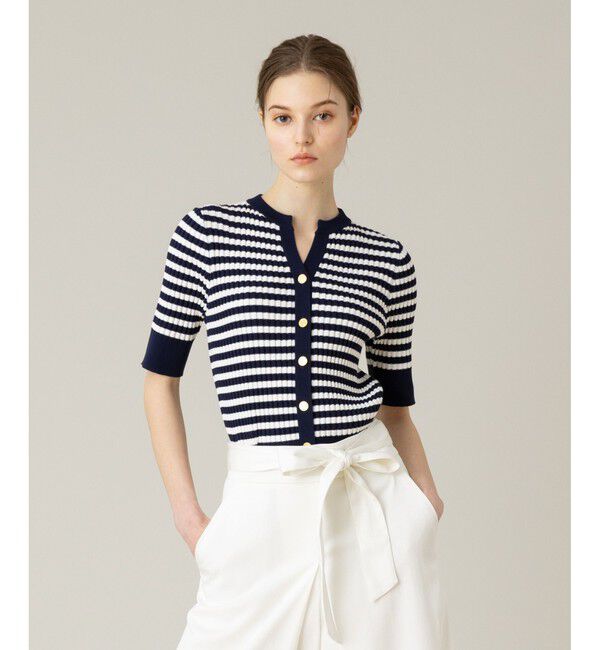 LOULOU WILLOUGHBY「【LOULOU WILLOUGHBY】バイカラーキーネック5分袖カーディガン」|カーディガン|