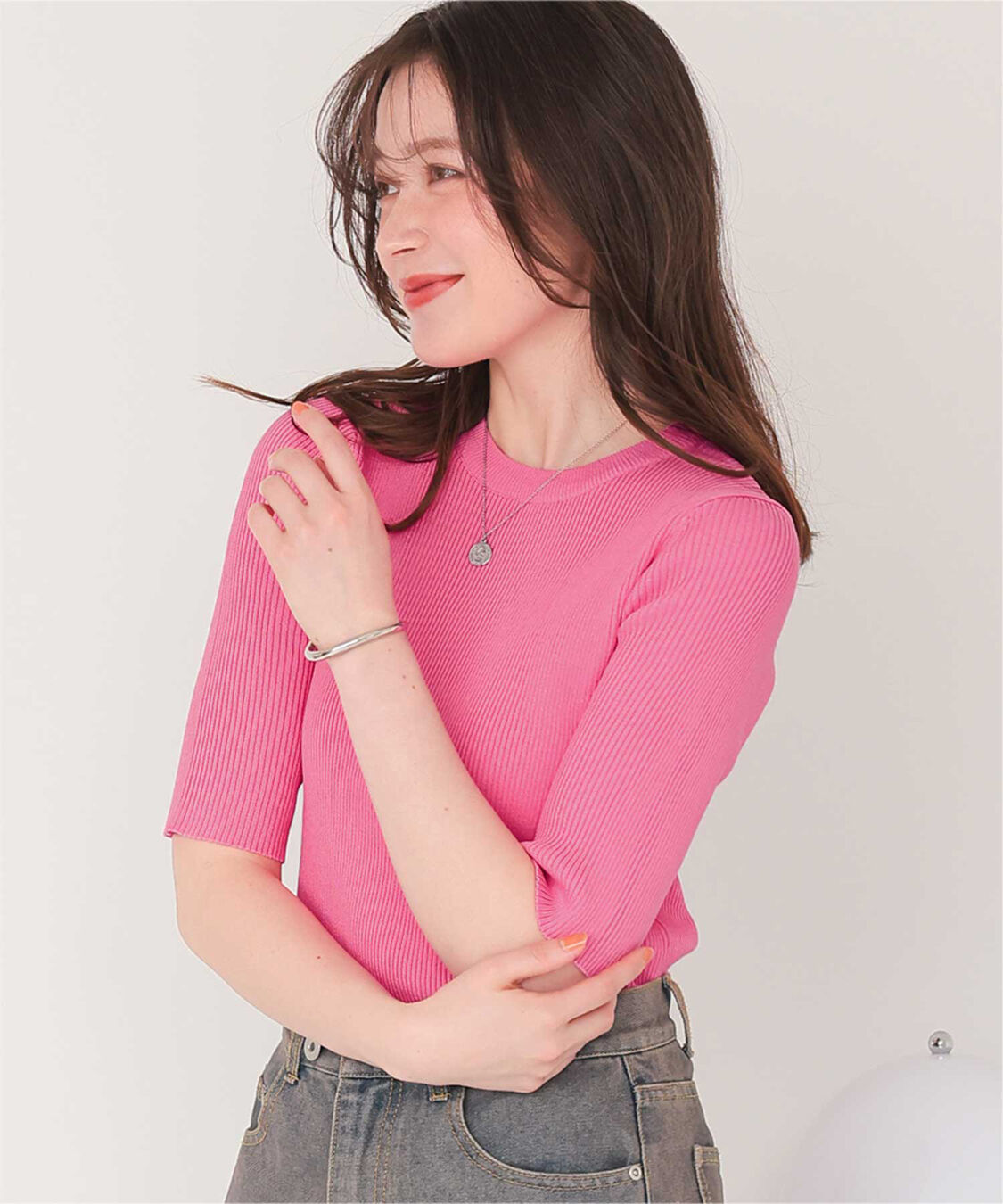 titivate「5分袖リブベーシックニットトップス」|ニット・セーター|ピンク