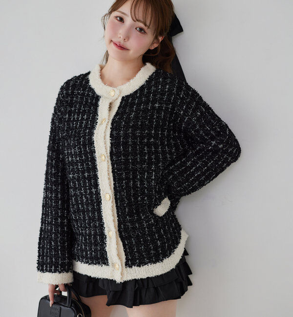  「【ロングシーズン使える！】ツイードニットジャケット」|ニット・セーター|ブラック