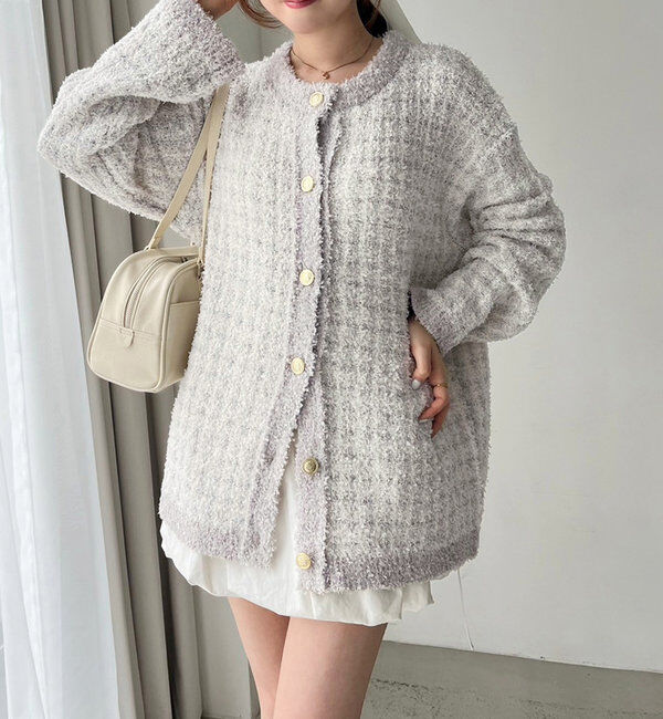  「【ロングシーズン使える！】ツイードニットジャケット」|ニット・セーター|サックスブルー