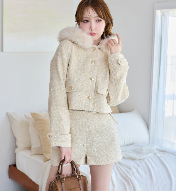  「フェイクファーフード付きツイードジャケット【セットアップ可能】」|ダウンベスト・ベスト|