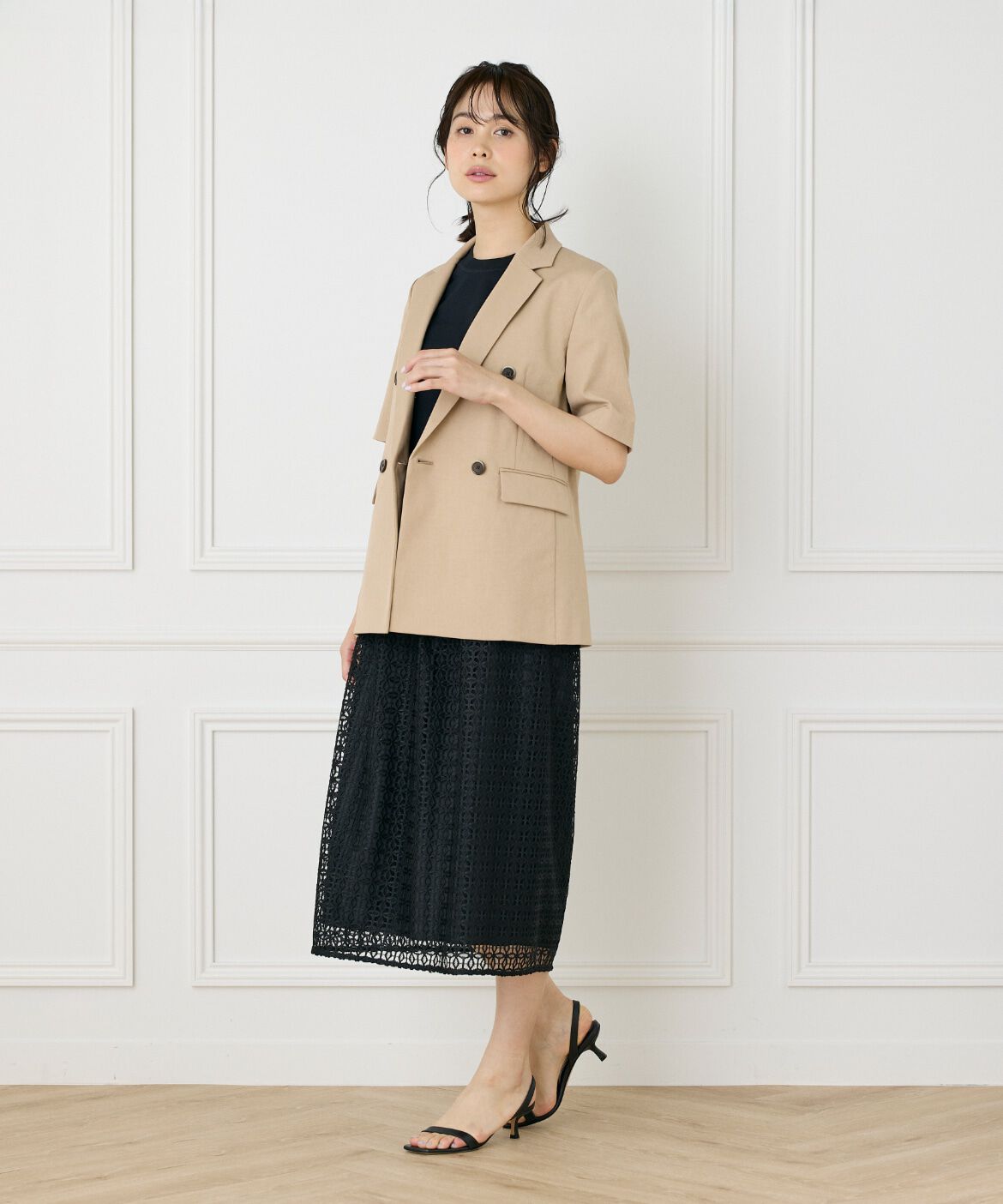 INED「《大きいサイズ》タックレーススカート」|タイト|