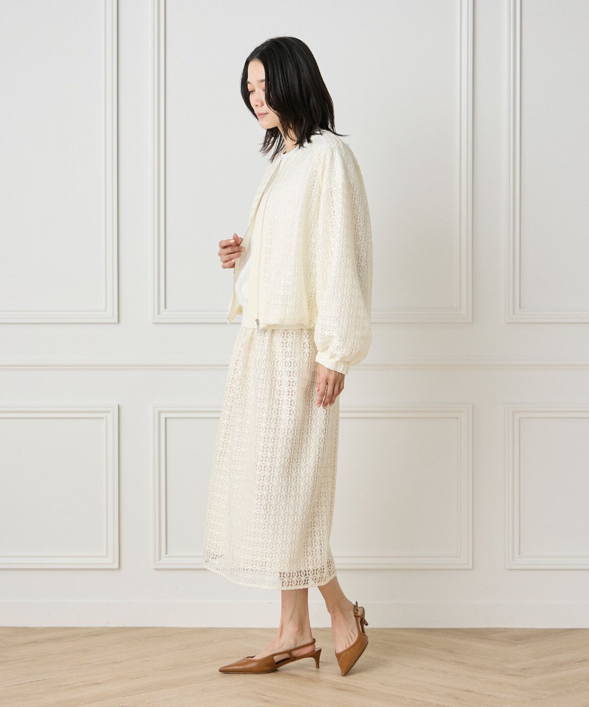 INED「《大きいサイズ》タックレーススカート」|タイト|