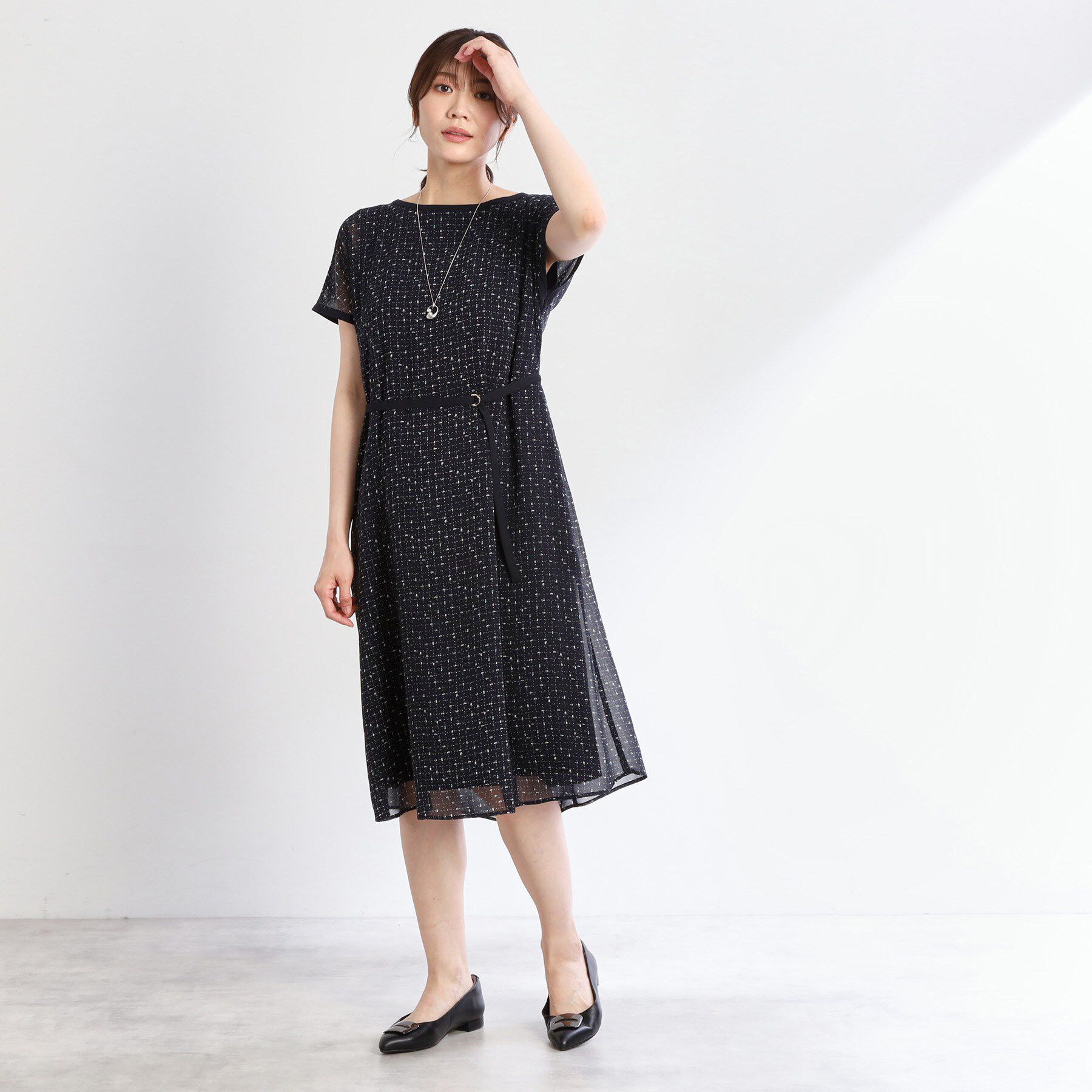 Reflect「【WEB先行カラーあり／マシンウォッシュ可／ナローベルト付き】オフボディツイードチェックワンピース」|ワンピース|