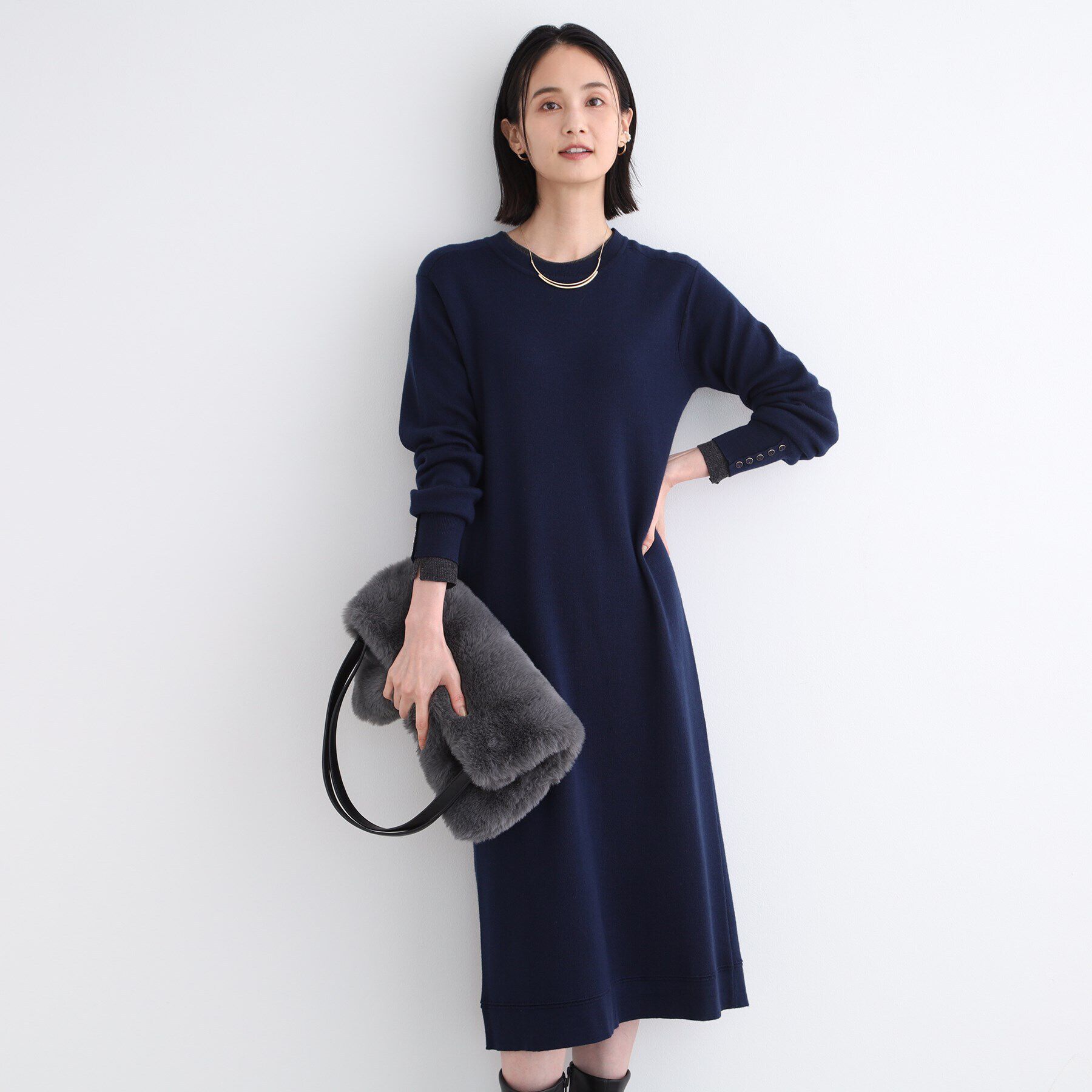 INDIVI「【ウール混／洗える】スムースニットワンピース」|ワンピース|ネイビー(094)