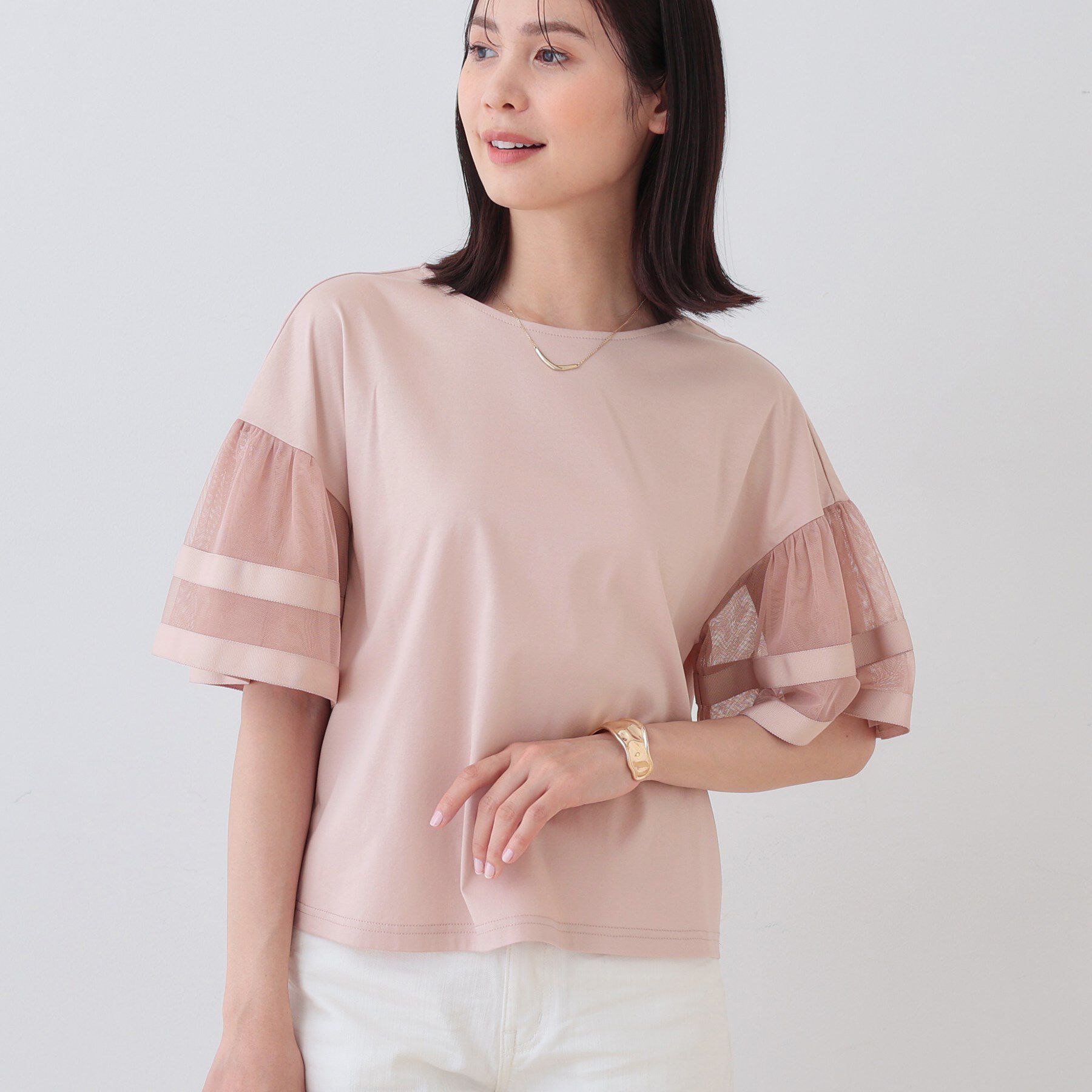 INDIVI「チュールスリーブカットソー」|Tシャツ・カットソー|ライトピンク(070