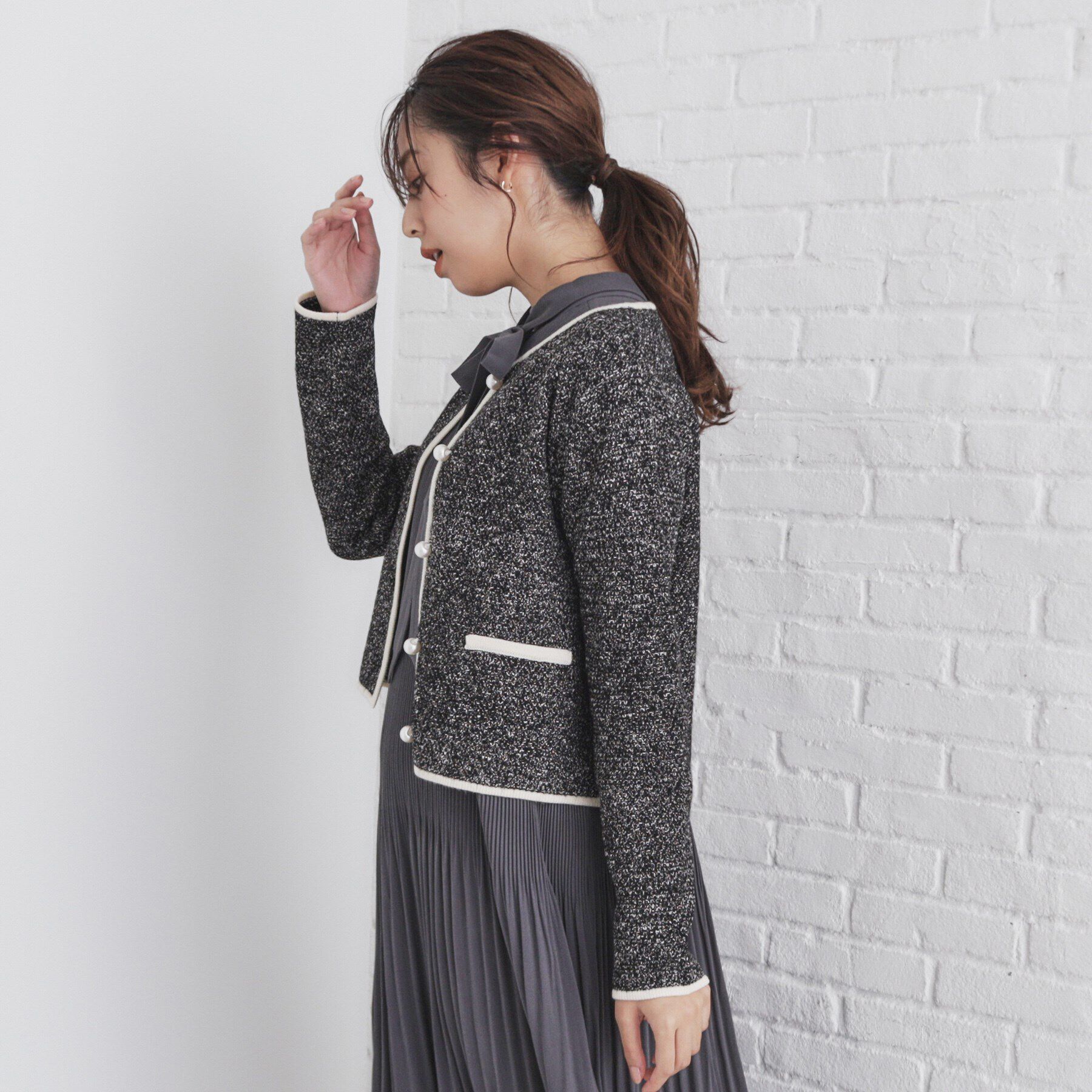 index「パール調ツイードライクノーカラーカーディガン/セットアップ対応【洗濯機洗い可】」|カーディガン|