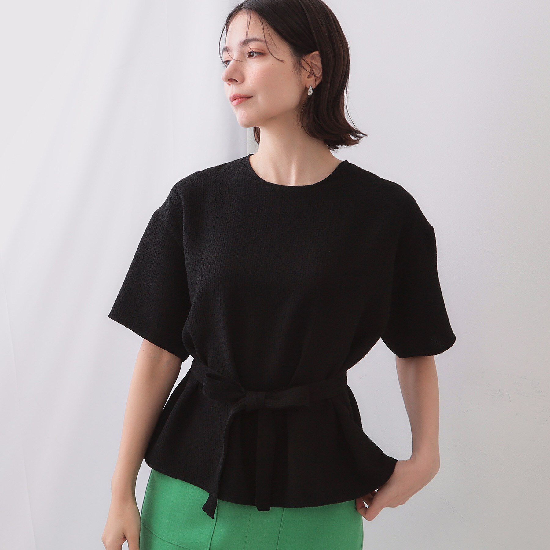 OPAQUE.CLIP「ストレッチジャカード2WAYリボントップス/セットアップ対応可【洗濯機洗い可】」|シャツ・ブラウス|ブラック(019)