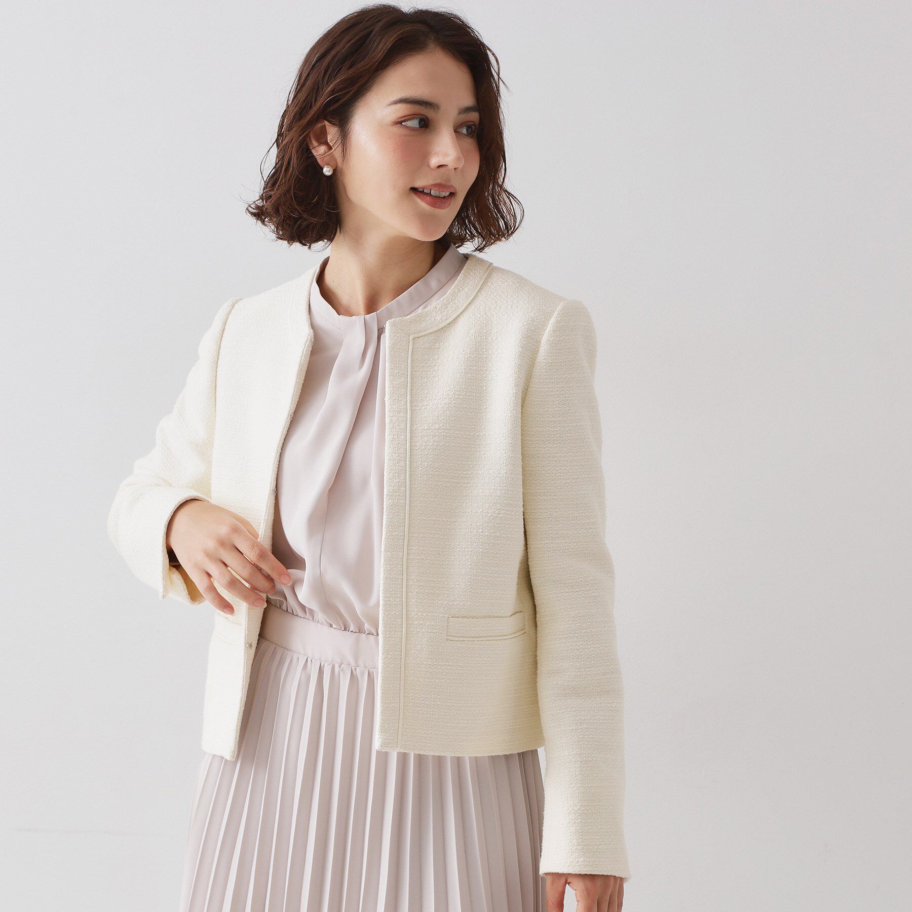 OPAQUE.CLIP「≪通勤・セレモニー対応≫ コットンツイードジャケット」|ノーカラージャケット|オフホワイト(003