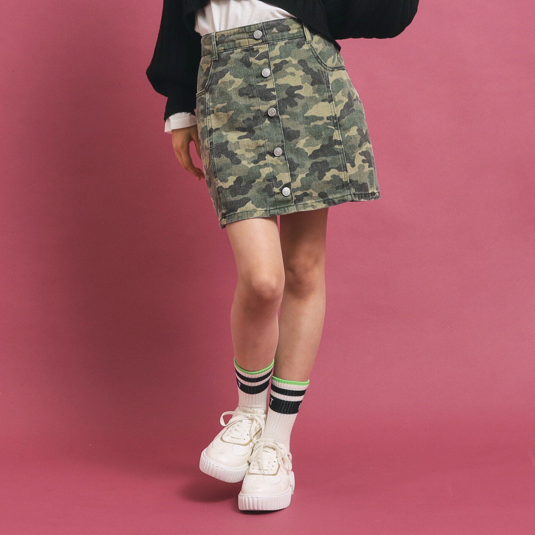 PINK-latte「フロントボタン台形デニムスカート」|スカート|ｶｰｷ(527)