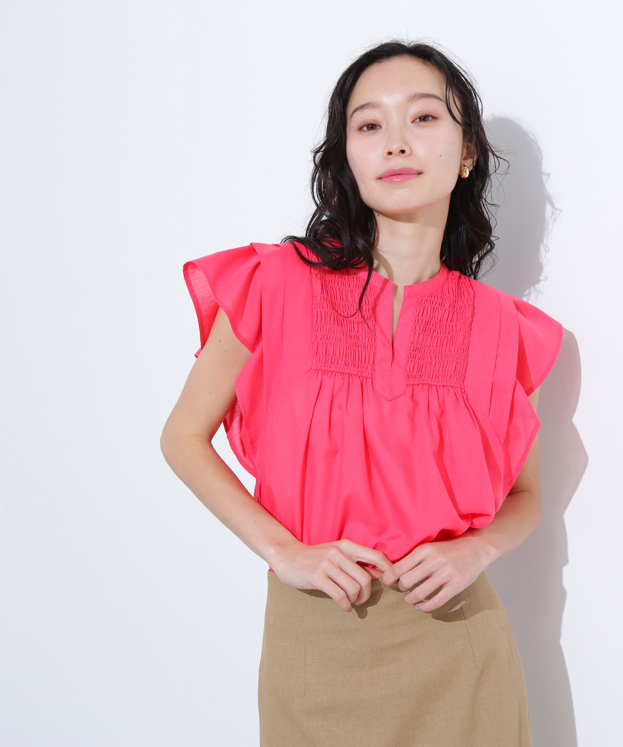  「コットンボイルシャーリングブラウス」|シャツ・ブラウス|ピンク1