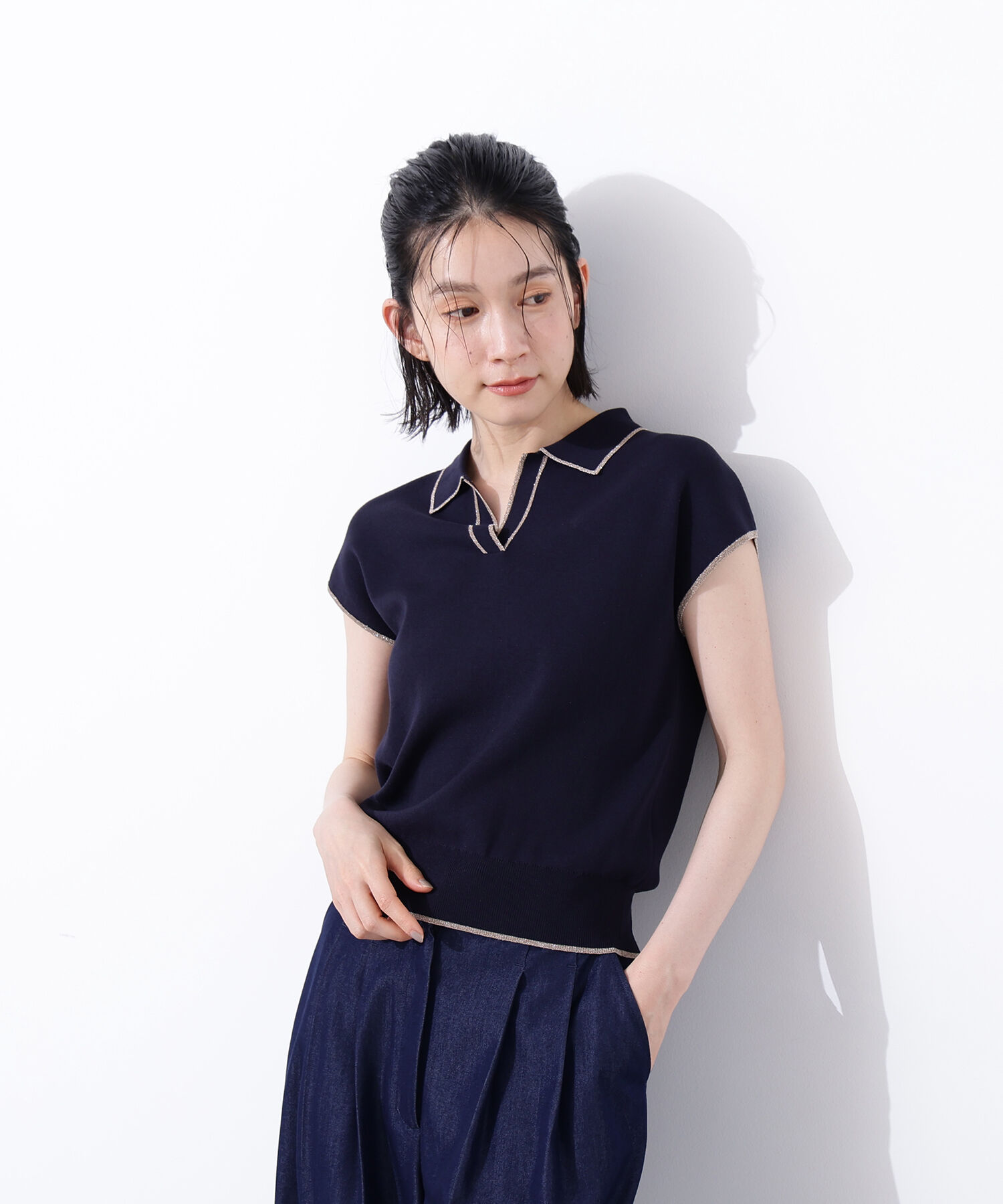  「ラメラインスキッパーポロニット」|ニット・セーター|