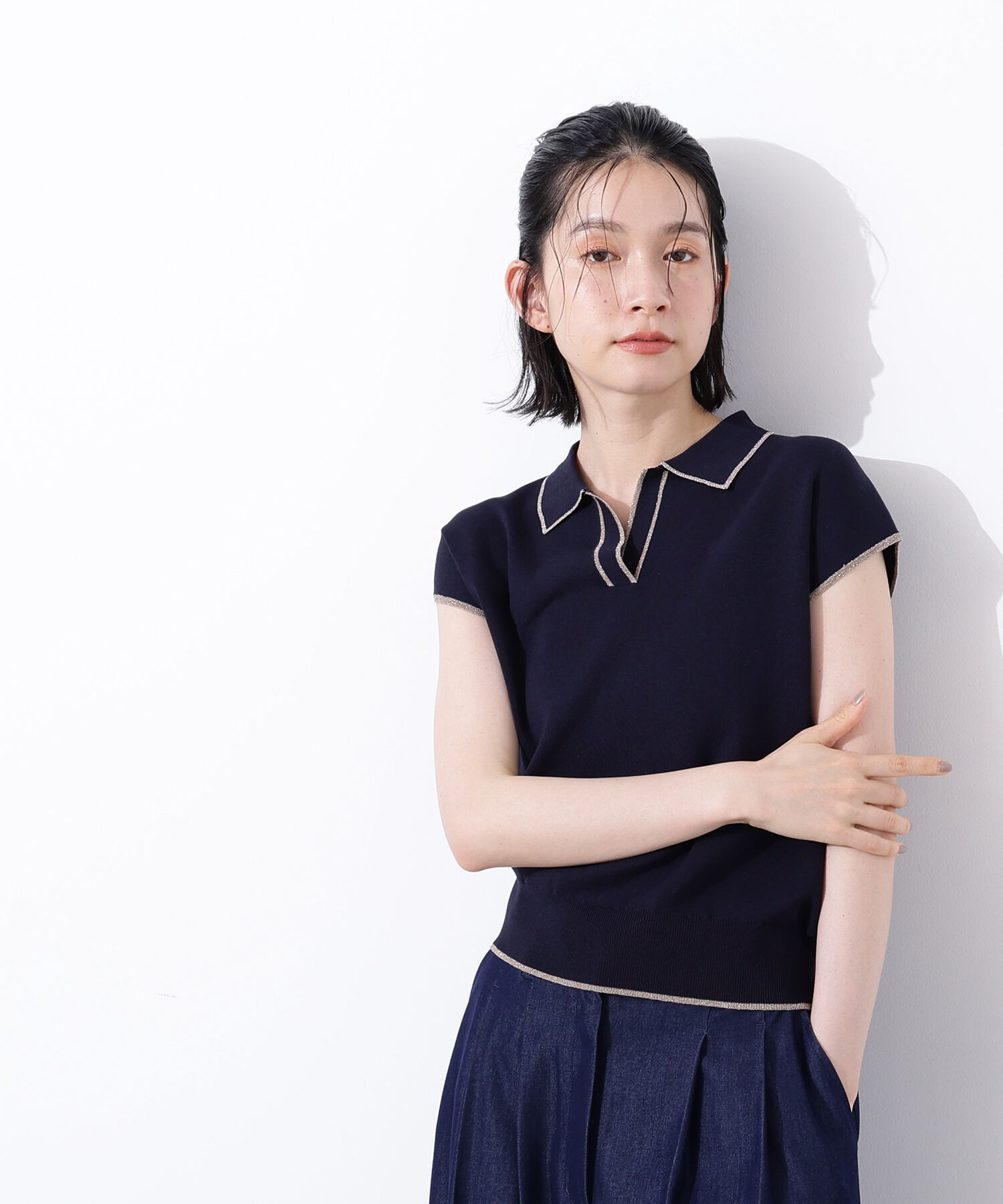  「ラメラインスキッパーポロニット」|ニット・セーター|