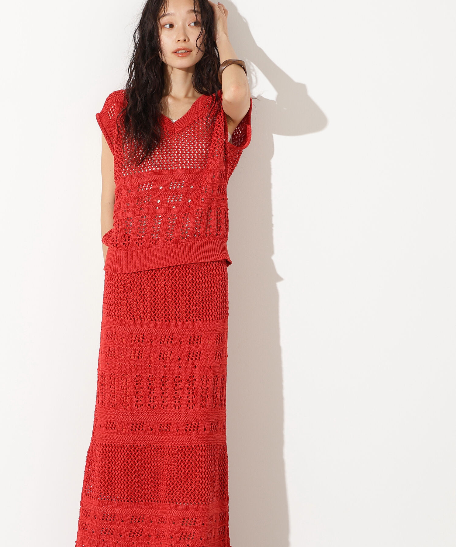  「パッチワークニットセットアップ」|スカート|レッド