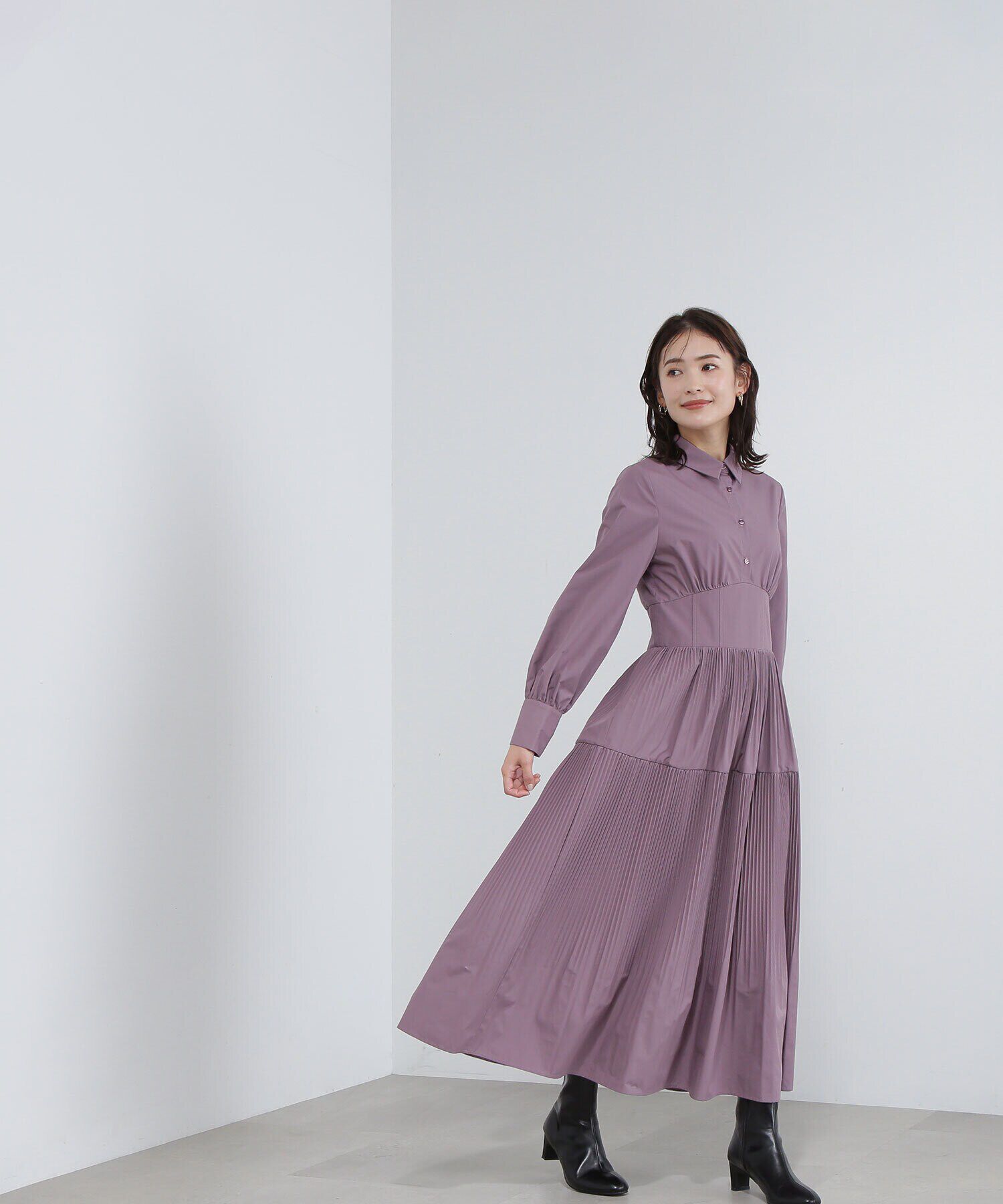  「プリーツシャツワンピース」|ワンピース|モーヴラベン