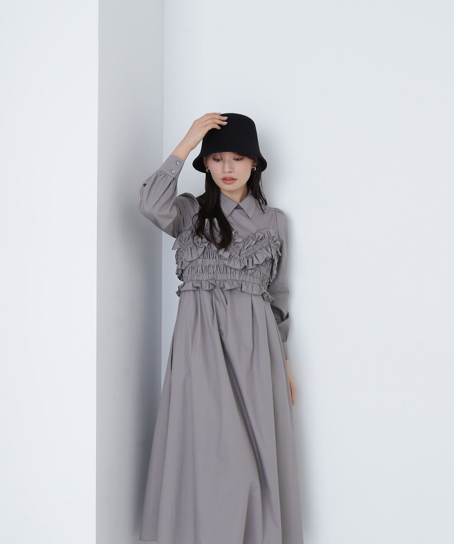  「シャーリングビスチェシャツワンピース」|ワンピース|