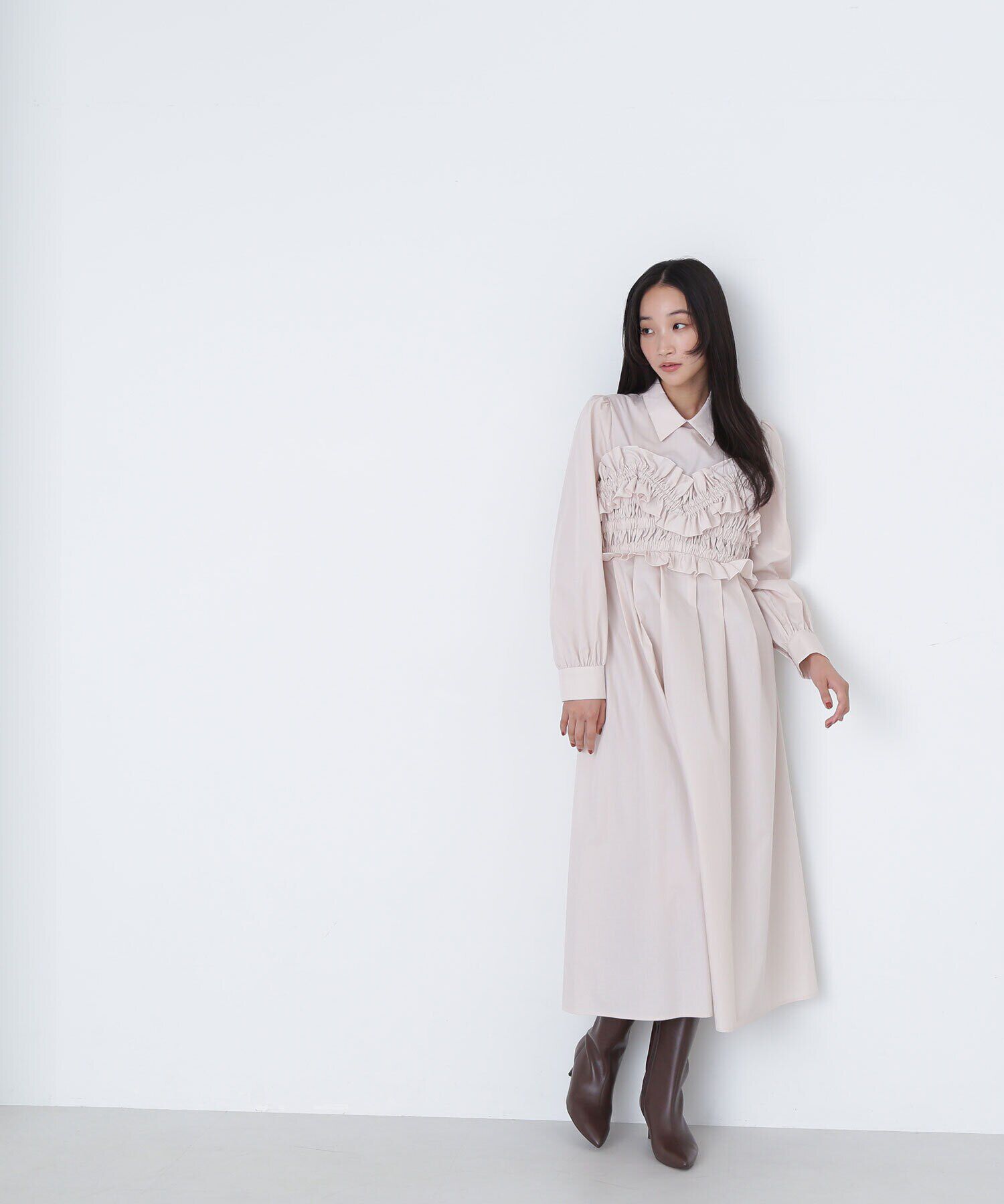  「シャーリングビスチェシャツワンピース」|ワンピース|