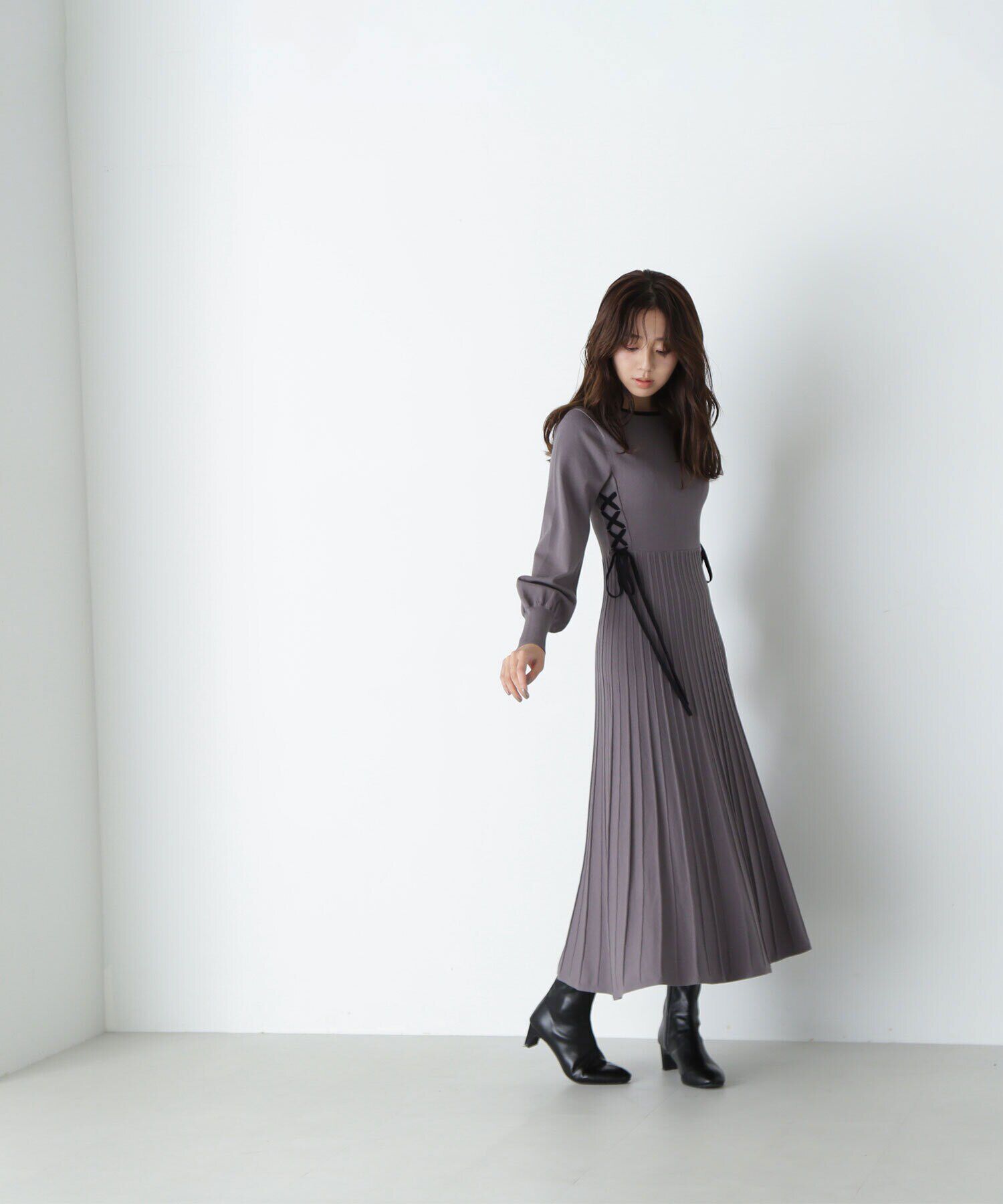  「レースアップバイカラーニットワンピース」|ワンピース|グレー2