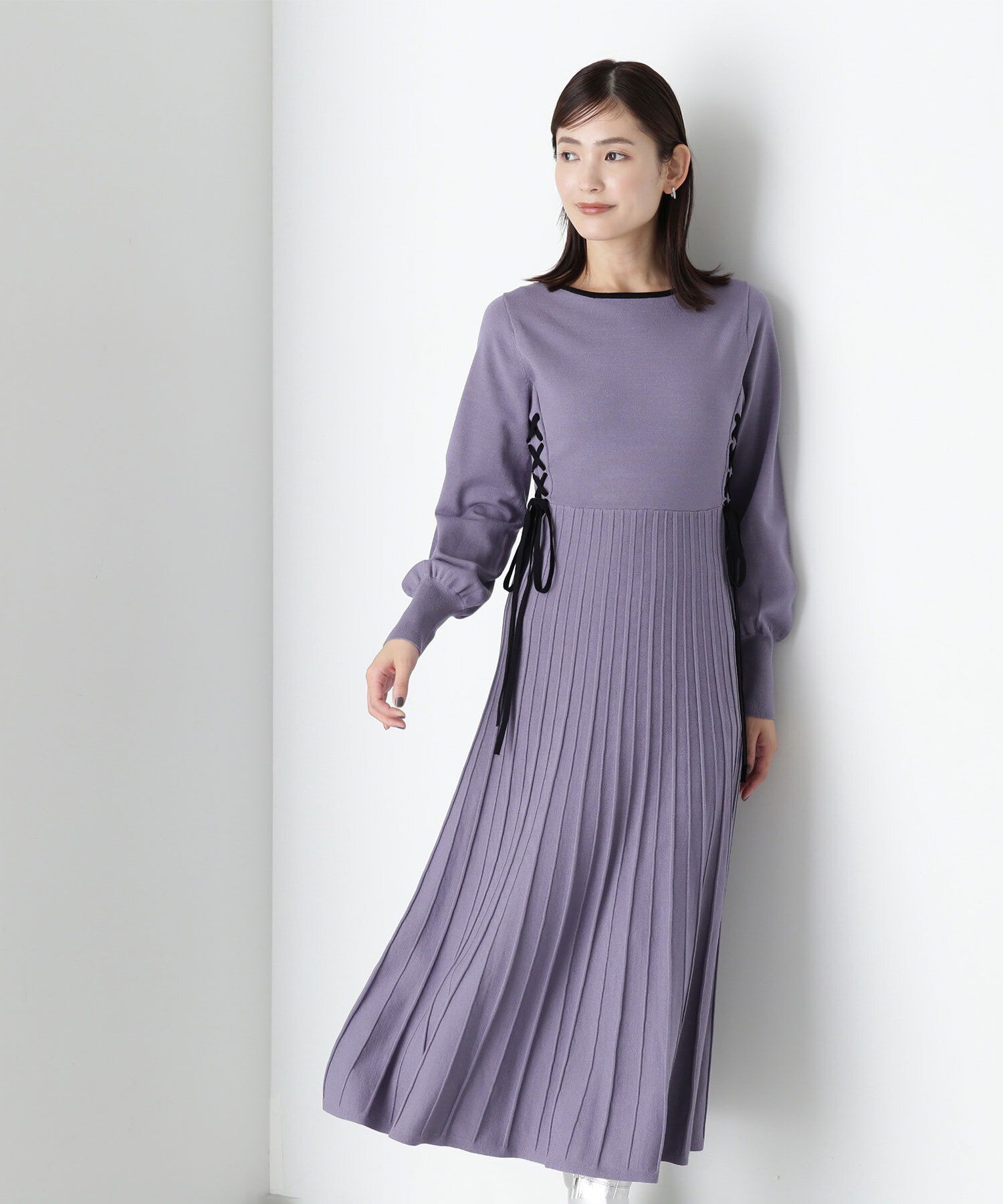  「レースアップバイカラーニットワンピース」|ワンピース|ラベンダー2