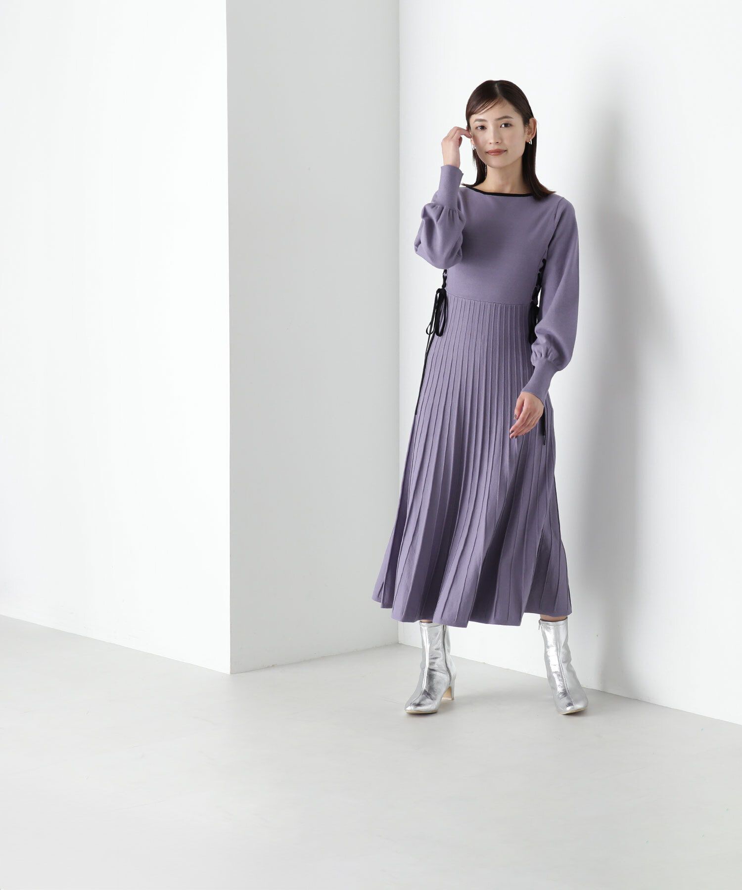  「レースアップバイカラーニットワンピース」|ワンピース|