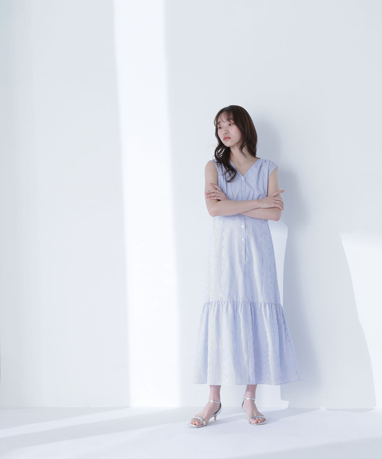  「Vネックストライプワンピース」|ワンピース|