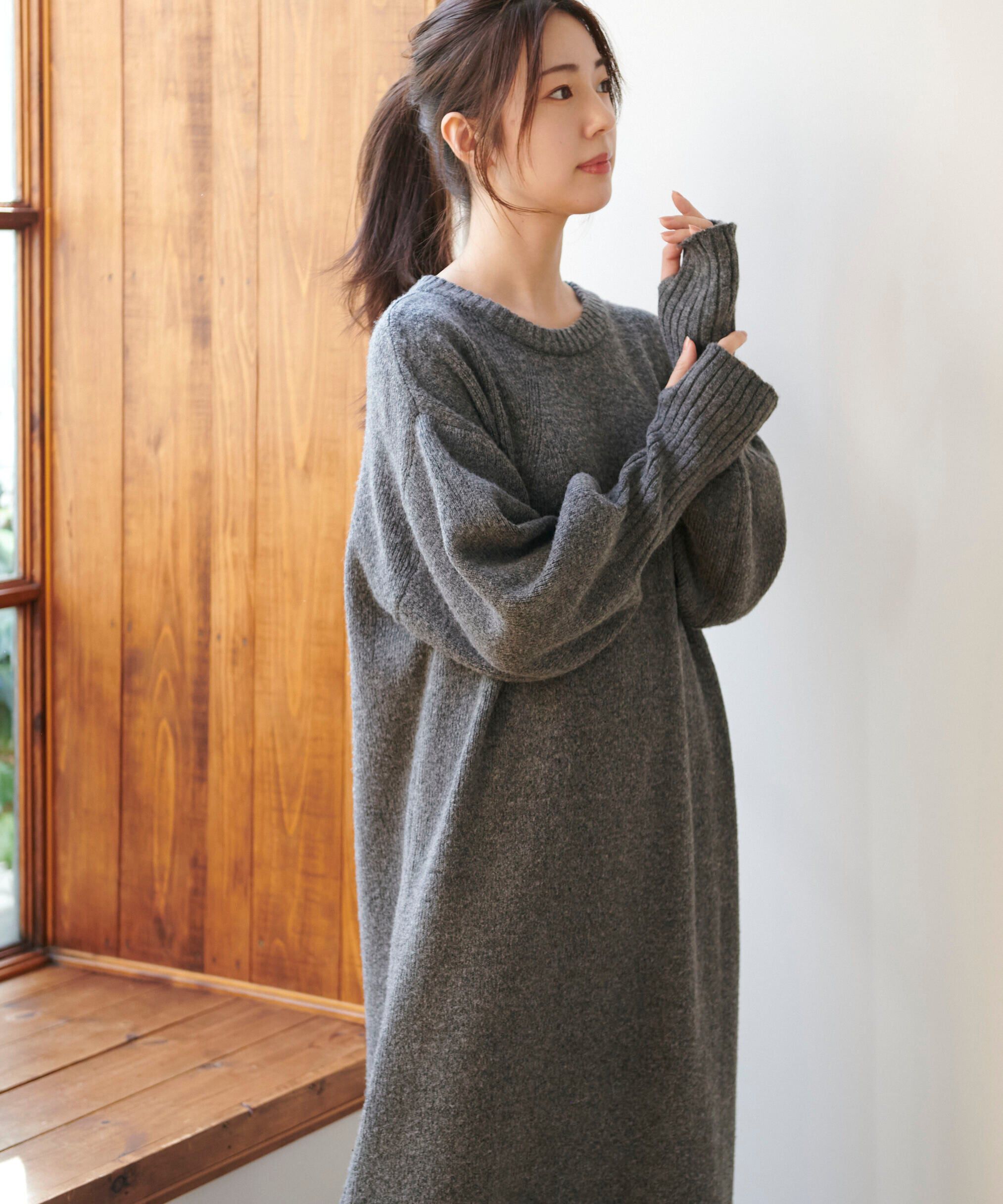  「指穴リブニットワンピース」|ワンピース|