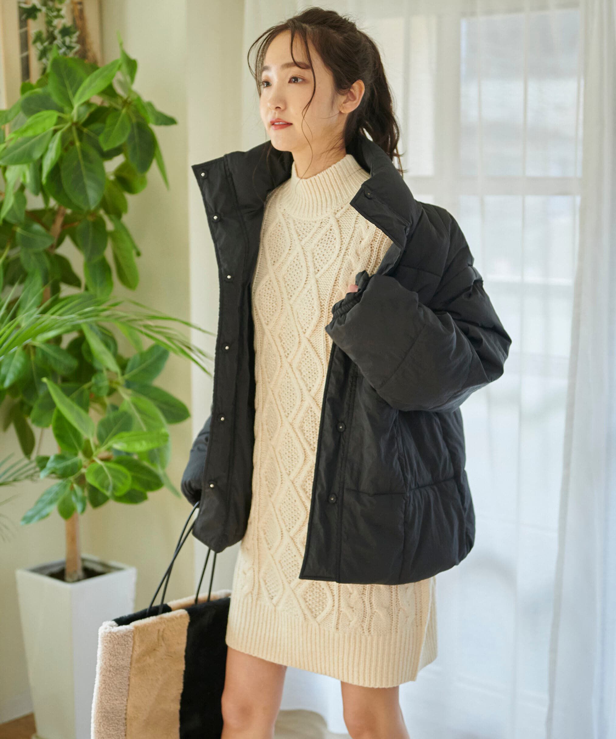  「ウール混ケーブルハイネックミニワンピース」|ワンピース|