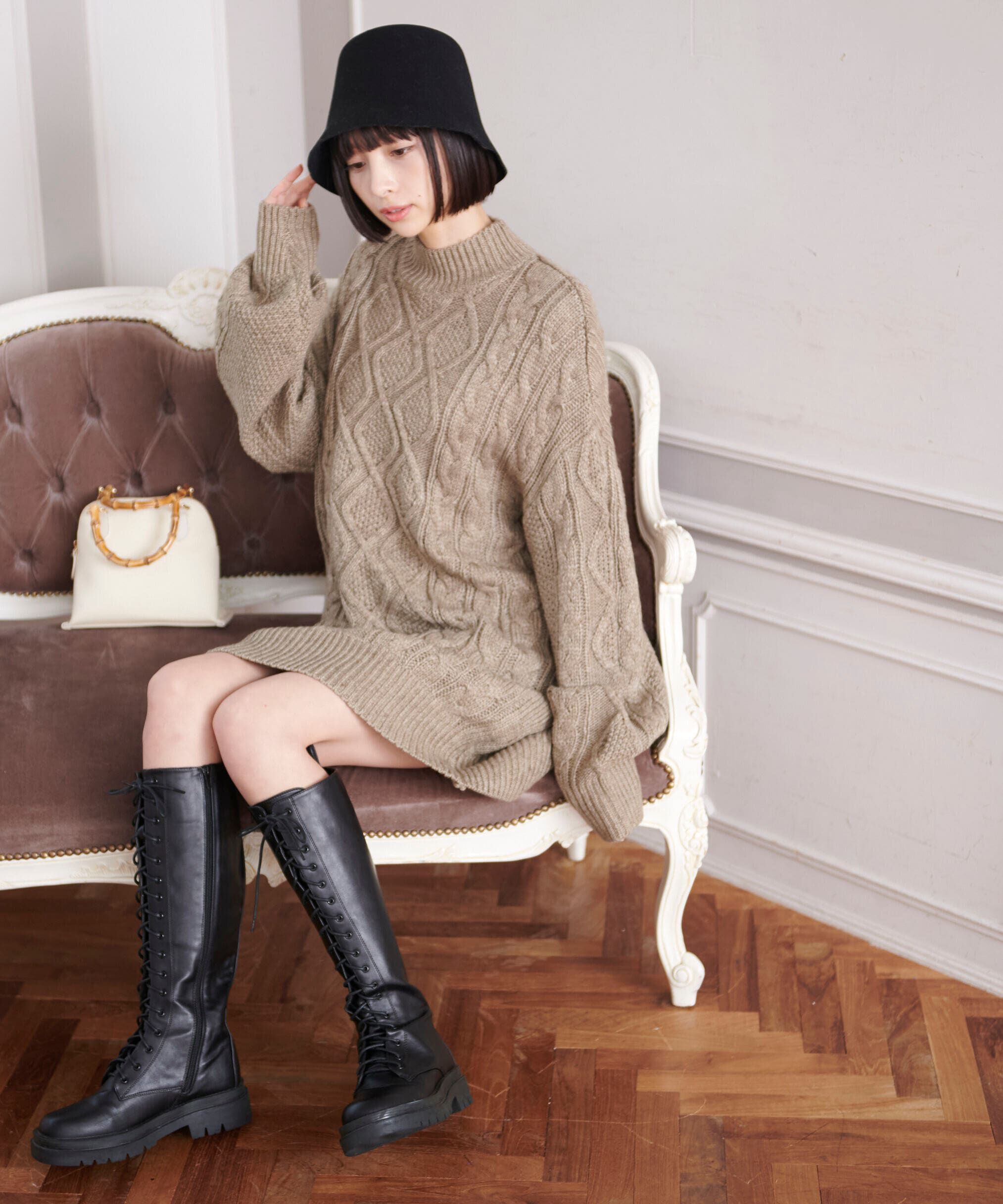  「ウール混ケーブルハイネックミニワンピース」|ワンピース|