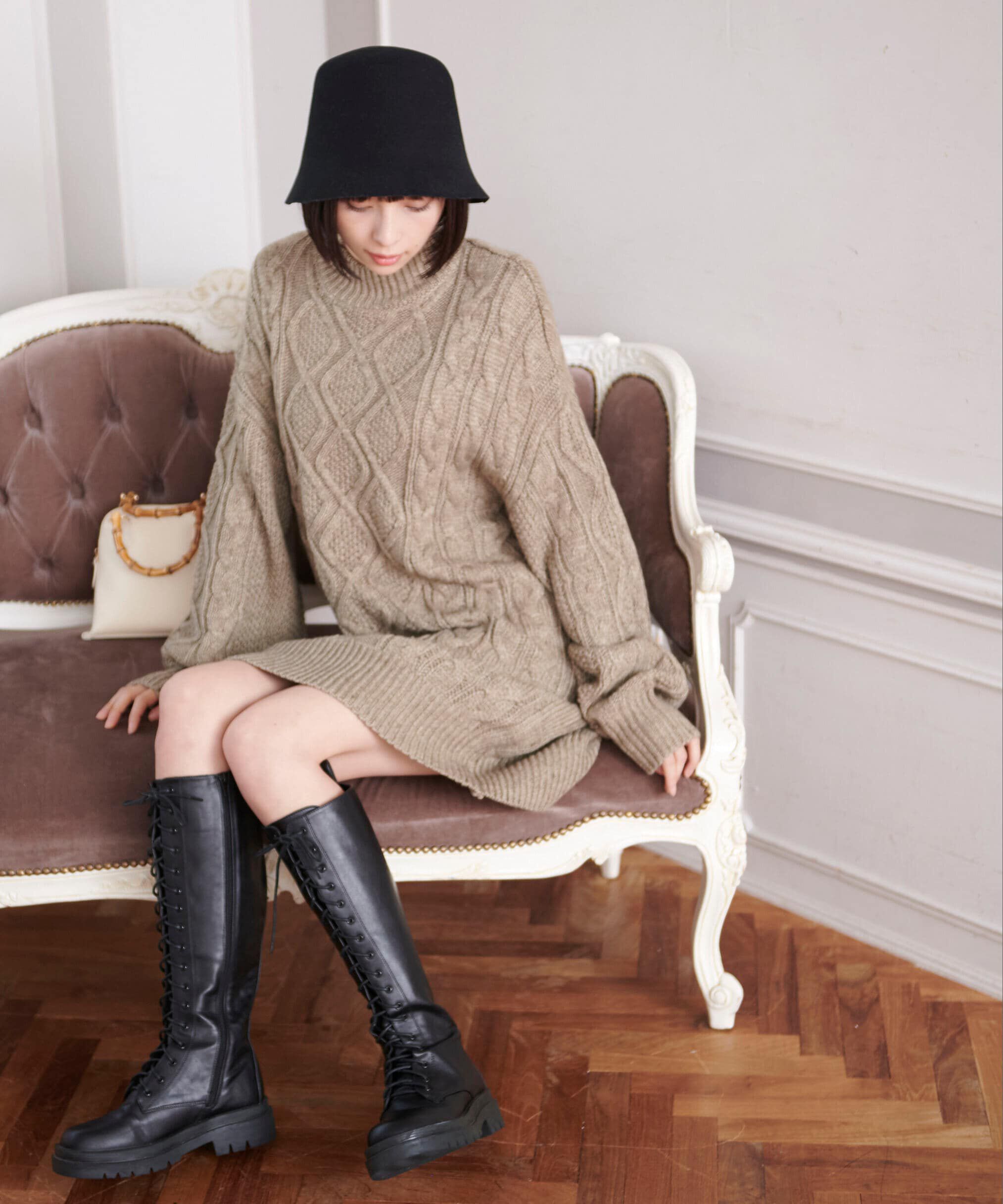  「ウール混ケーブルハイネックミニワンピース」|ワンピース|