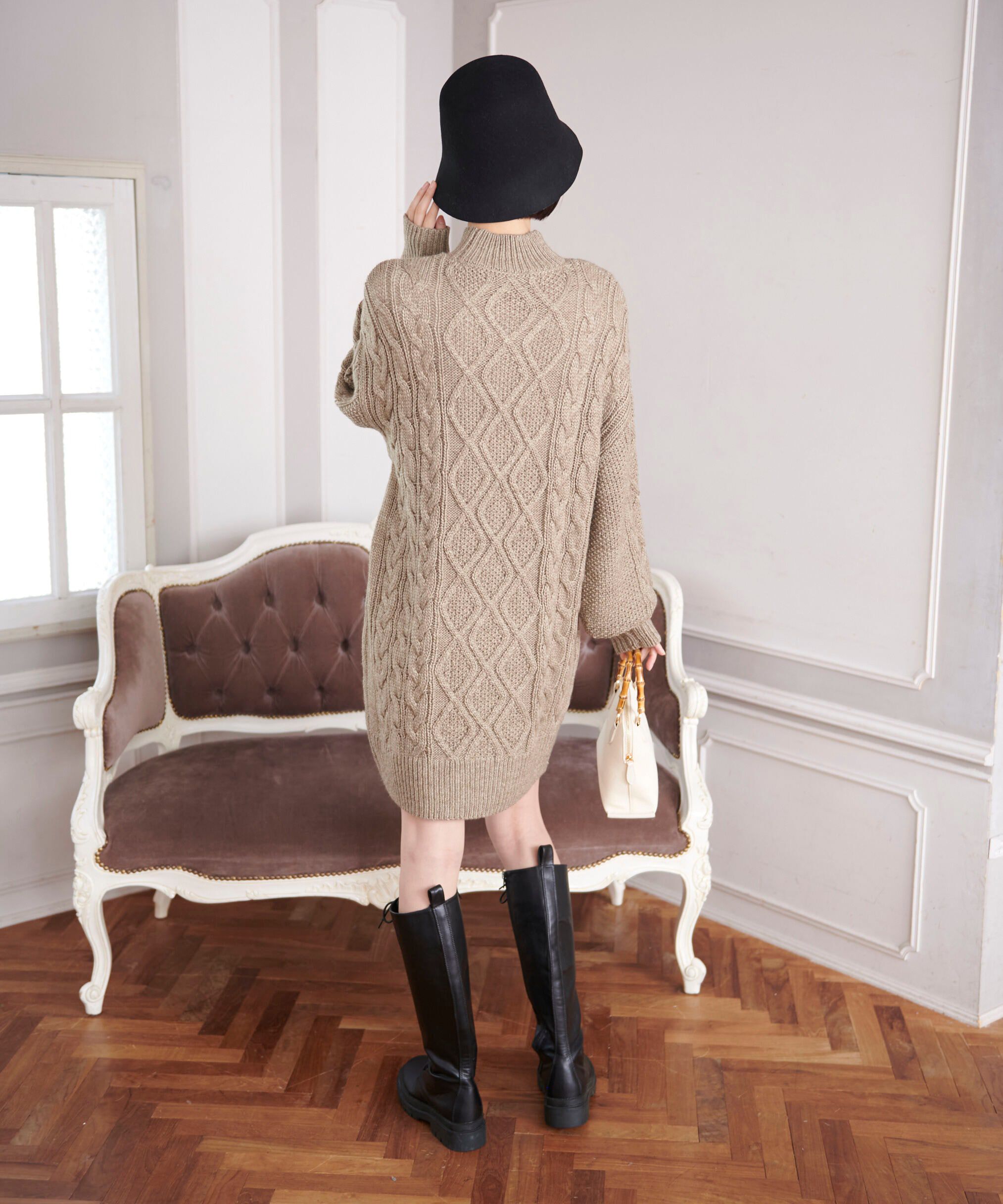  「ウール混ケーブルハイネックミニワンピース」|ワンピース|