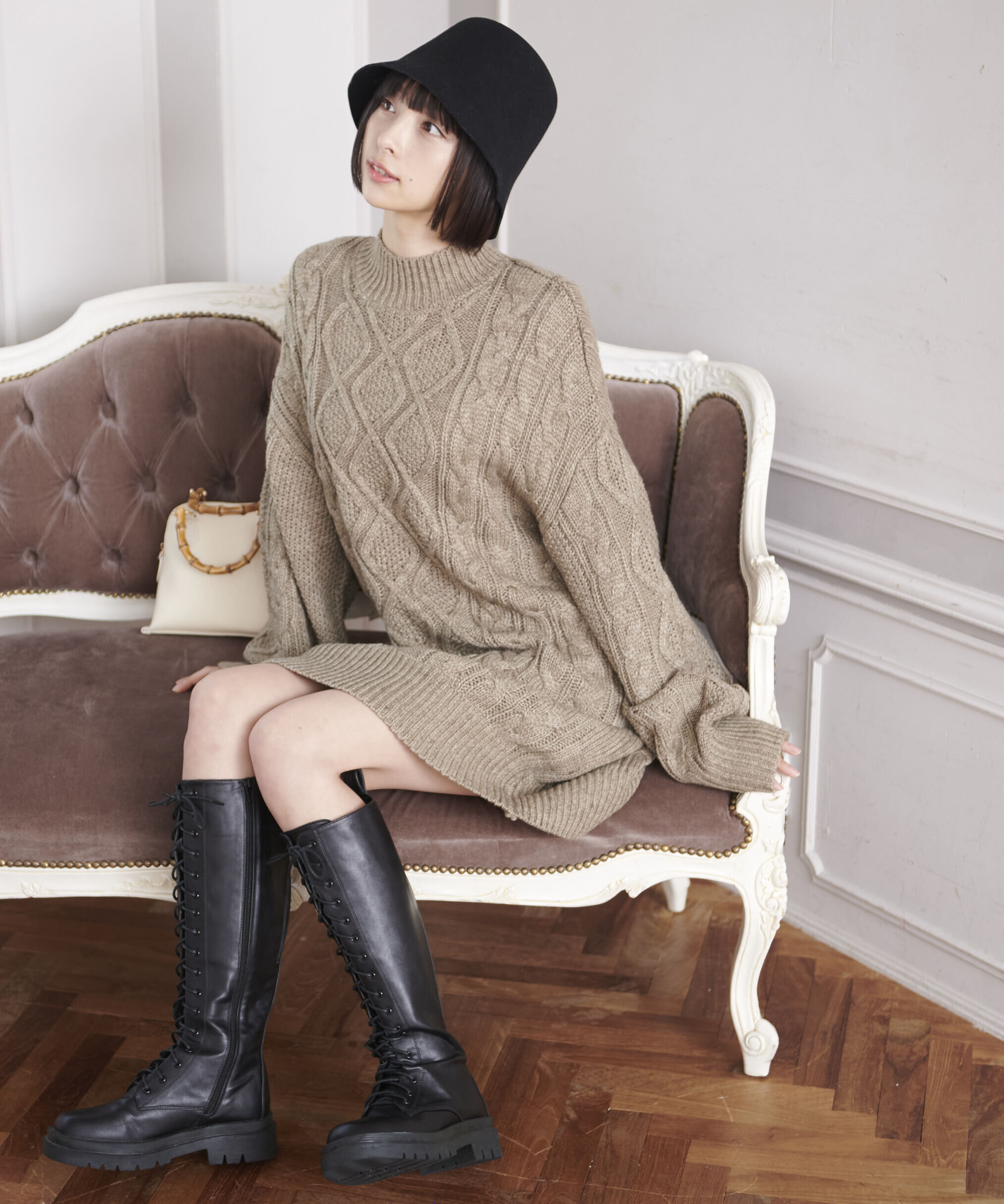  「ウール混ケーブルハイネックミニワンピース」|ワンピース|