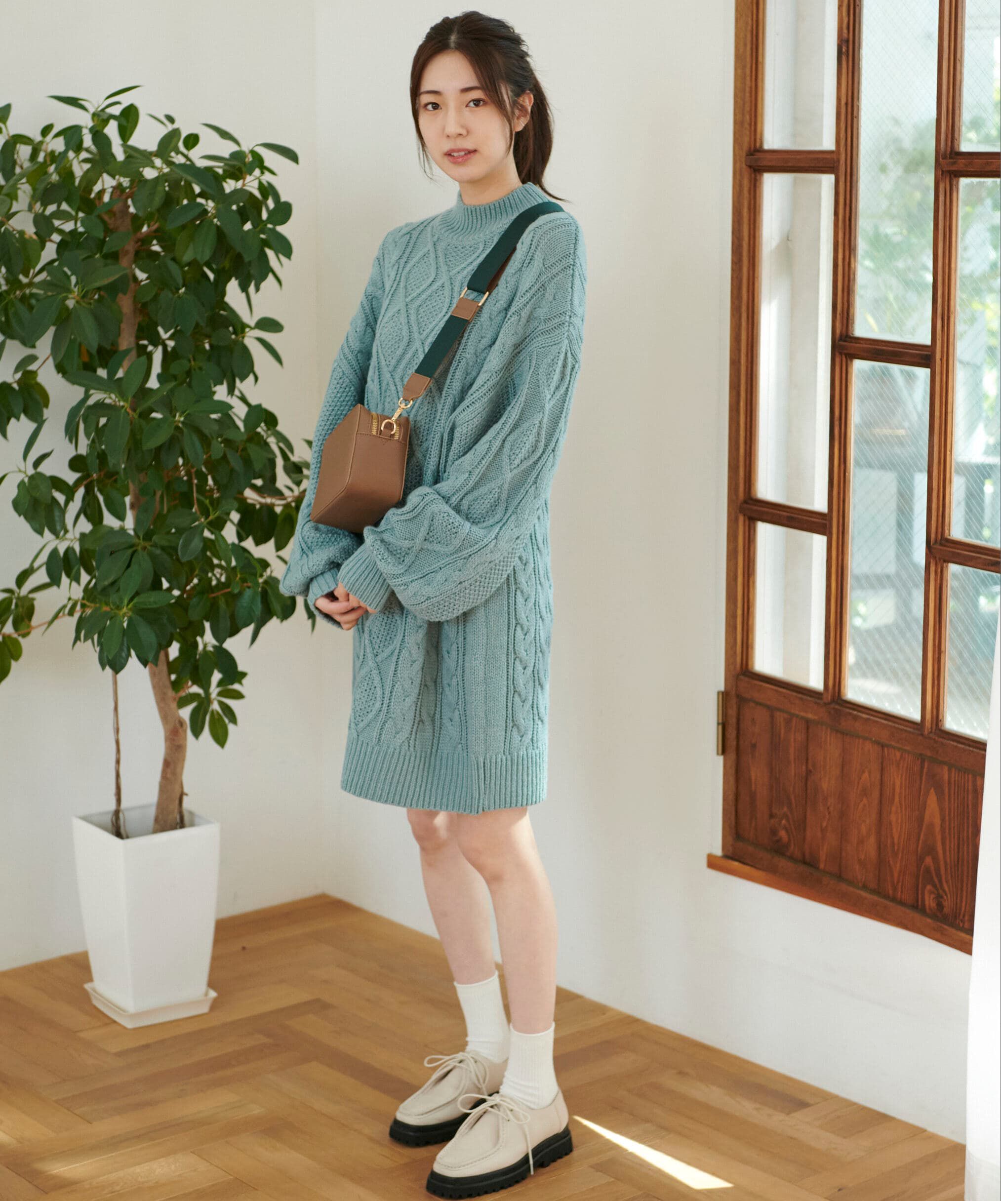  「ウール混ケーブルハイネックミニワンピース」|ワンピース|